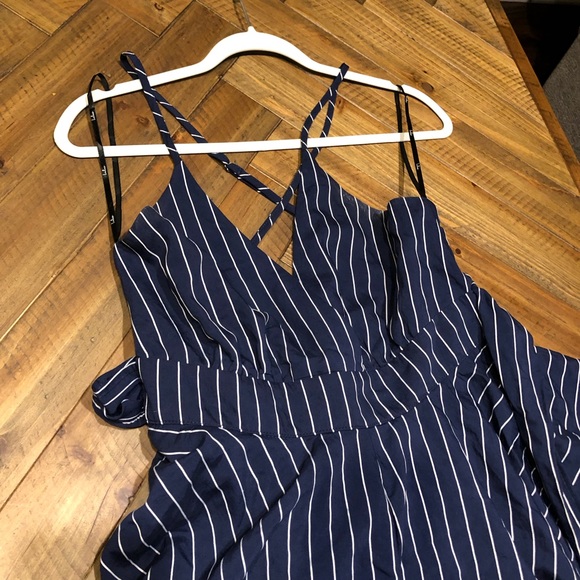 Lulu’s Ruffle and Flow Navy Blue Striped Backless Ruffle Romper - Picture 9 of 10